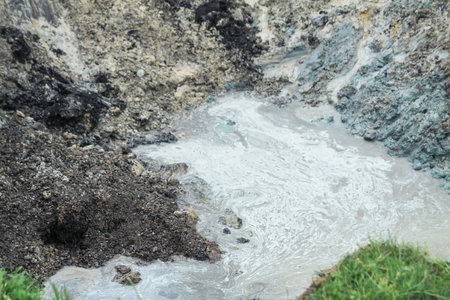Dug hole in the ground is filled with water to the level. Swamp from the element that destroyed...