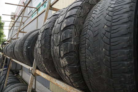 Used car tires at a recycling plant. wheels for trucks. Background for environmental themeの写真素材
