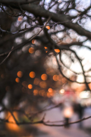 Beautiful street view with garlands and bokeh on the background. Christmas background for design. New Year's atmosphere in Europeの写真素材