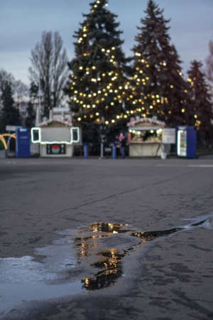 New Year without snow and with puddles on the background of beautiful garlands and Christmas trees.の写真素材