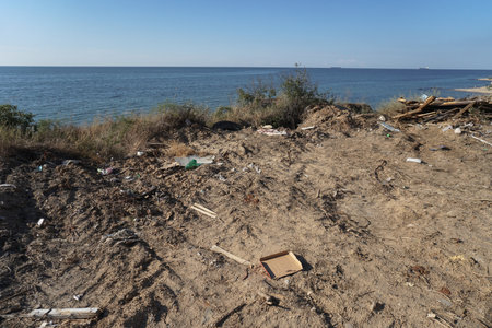 Garbage filled up on the seashore. Traces of human activity. pollution of the shores of India and Srilanka.の写真素材
