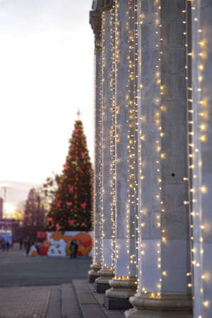 Beautiful green Christmas tree for the new year in the guiards and city lights.の写真素材