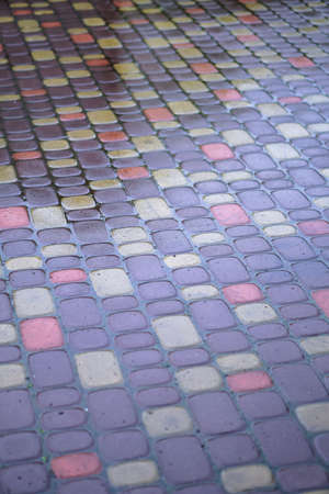 Multi-colored paving stones in the water. The texture of stones in the rain. Photo backgroundの写真素材