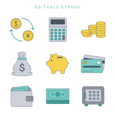 A set of money icons. Set of financial flat with line icons of the bank on white background, editable strokeのイラスト素材