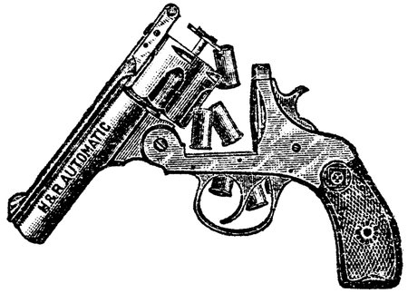 38-Caliber Automatic Harrington and Richardson Open Revolver with Bullet Casings, Vintage Engraving. Old engraved illustration of a Harrington and Richardson Open Revolver with Bullet Casings isolated on a white background.のイラスト素材