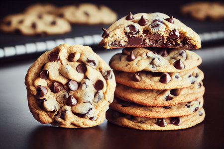 Chocolate chip cookies with chocolate chips on a dark background. Toned.の素材