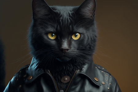 Portrait of a black cat in leather jacket on a brown backgroundの素材