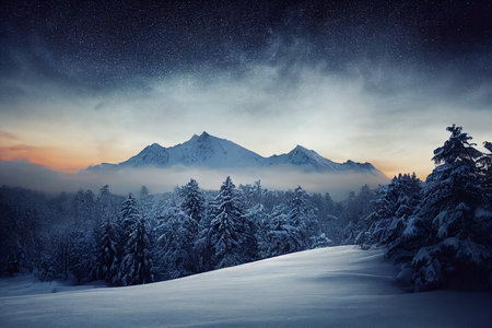 Winter landscape with snow covered fir trees in the mountains at sunrise.の素材