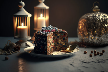Christmas cake with blueberries and candied fruits on a dark backgroundの素材