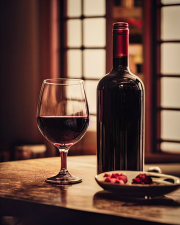 Wine bottle and glass of red wine on a wooden table.の素材