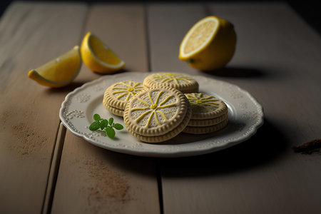 Lemon cookies on a plate with lemon slices on a wooden tableの素材