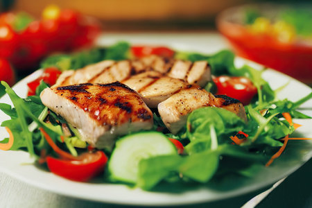 Grilled chicken fillet with salad and tomatoes on white plate.の素材