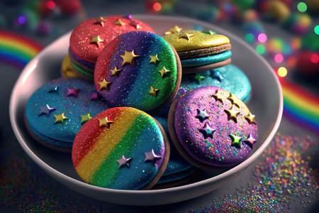 Colorful macaroons on a plate with rainbow in the backgroundの素材