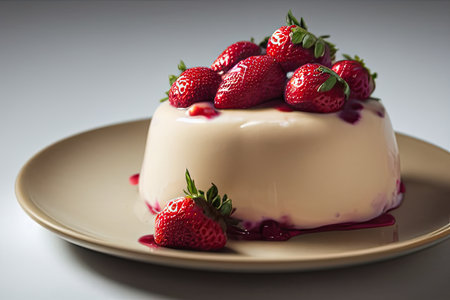 Panna cotta with fresh strawberries on a plate, close upの素材