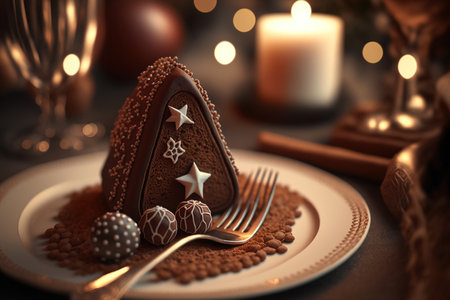 Chocolate Christmas cake with star and candies on a plate.の素材