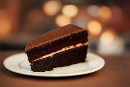 Chocolate cake on a white plate in a cafe. Selective focus.の素材