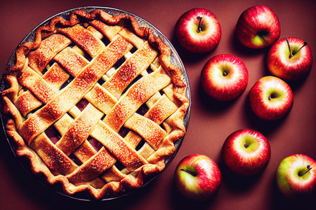 Homemade apple pie with fresh apples on brown background. Toned.の素材