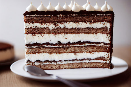 Piece of chocolate cake with whipped cream on a white plate.の素材