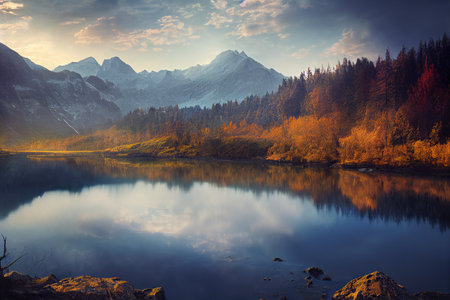 Autumn landscape with lake and mountains in the background at sunrise.の素材