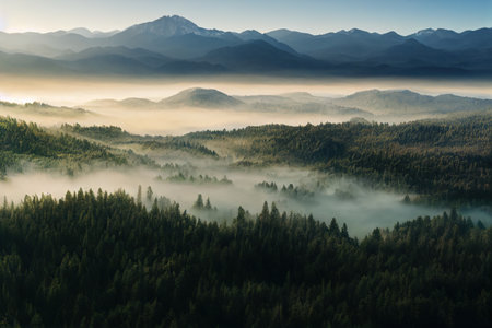 Aerial view of misty morning in the mountains. Beautiful summer landscape.の素材