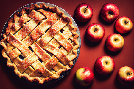 Homemade apple pie with fresh apples on a red background. Toned.の素材