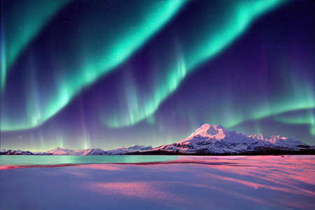 Aurora borealis, northern lights over snowy mountains in winterの素材