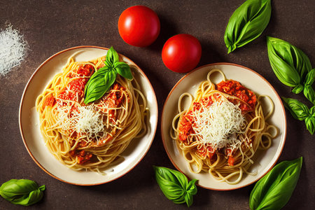 Spaghetti Bolognese with tomato sauce, parmesan cheese and basil leavesの素材