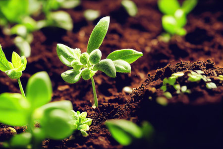 Green seedling growing in soil, closeup. Agriculture and cultivation conceptの素材