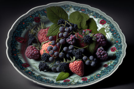 Blackberries, raspberries and blueberries in a plate on a dark backgroundの素材