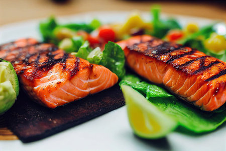 Grilled salmon fillet with salad and lime on wooden board.の素材