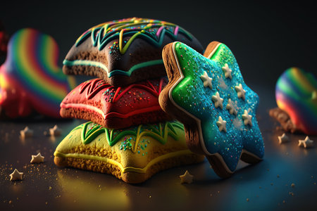 Christmas gingerbread cookies on a dark background. Festive food.の素材