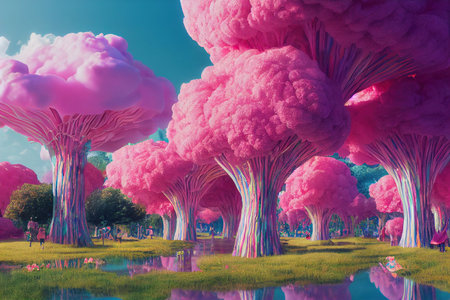 Fantasy landscape with pink cotton candy trees and light green grassの素材