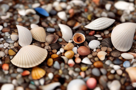seashells on the pebble beach, summer backgroundの素材