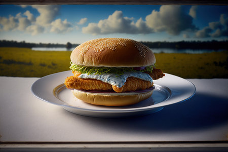 Big hamburger on a white plate on a background of nature.の素材