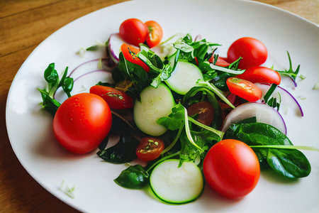 Vegetable salad with cherry tomatoes, cucumber, onion and arugulaの素材