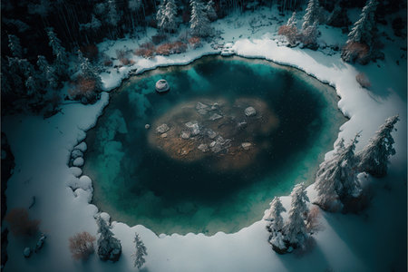 Aerial view of beautiful lake in winter forest.の素材