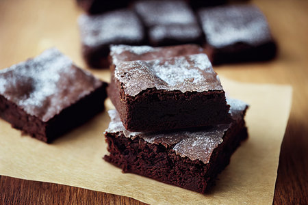 Chocolate brownies on wooden table. Shallow DOF.の素材