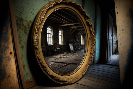Interior of an old abandoned house with a mirror in the foreground. Haunting scene.の素材