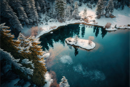 Beautiful winter landscape with a lake in the Carpathian mountainsの素材