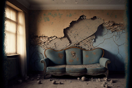 Old decrepit room with dusty blue sofa and broken wall.の素材