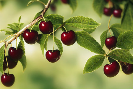 Ripe red cherries on a branch with green leaves in the gardenの素材