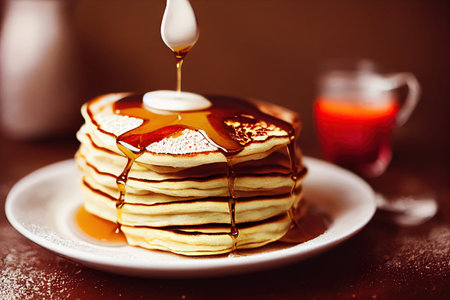 Pancakes with honey syrup on a wooden background.の素材