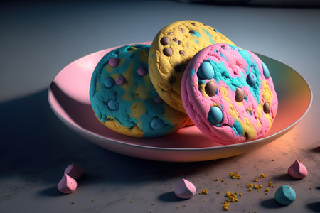 Colorful pink and blue chocolate chip cookies on a plate. AI image.の素材