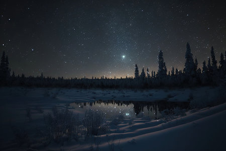 Night landscape with starry sky and lake in the winter forest.の素材