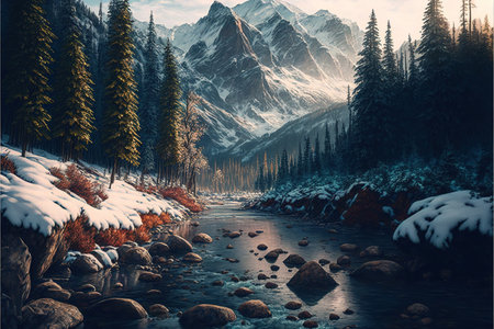 Beautiful winter landscape with mountain river and coniferous forest.の素材