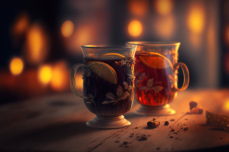 Mulled tea with lemon and spices on a wooden background.の素材