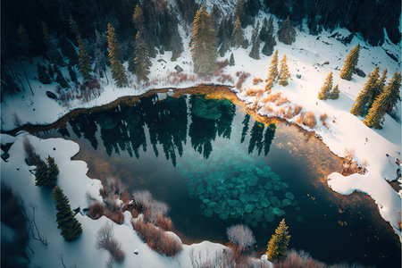 Aerial view of lake in winter forest.の素材