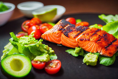 Salmon steak with avocado, cherry tomatoes and lettuce on black plateの素材