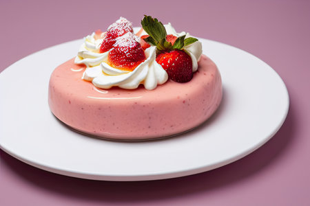 Strawberry mousse cake on a white plate on a pink backgroundの素材