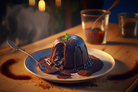 Chocolate pudding with chocolate glaze and cocoa powder on a plateの素材